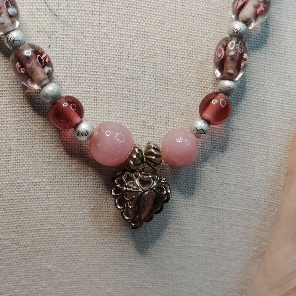 Artisan Made Vintage Pink Glass Bead Necklace Filigree Heart Dangle 19